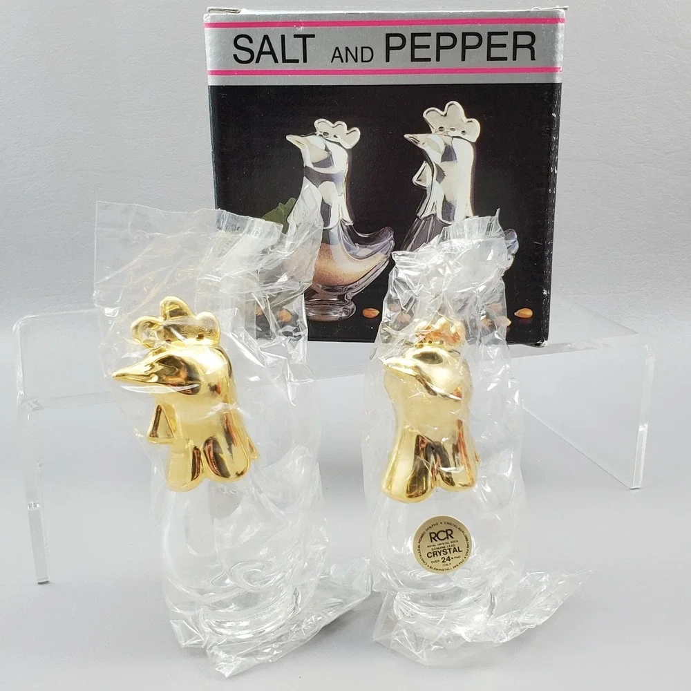 Rooster Hen Salt & Pepper Shakers Royal Crystal Rock RCR Crystal Gold Italy